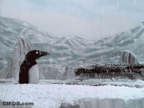 A Black And White Photo Of A Penguin In The Snow With Mountains In The Background GIF