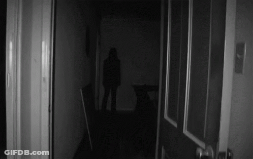 A Black And White Photo Of A Person In A Dark Room GIF