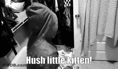 A Black And White Photo Of A Person In A Hoodie With The Words Hush Little Kitten Written On It . GIF