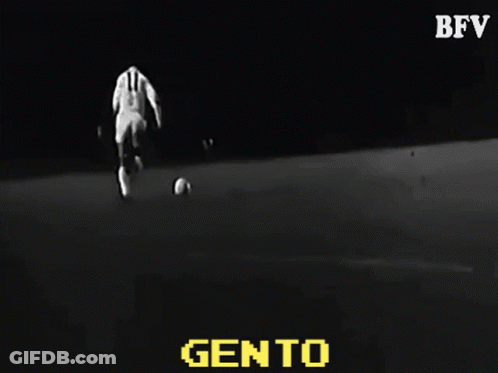 A Black And White Photo Of A Person Kicking A Soccer Ball With The Word Gento In Yellow GIF