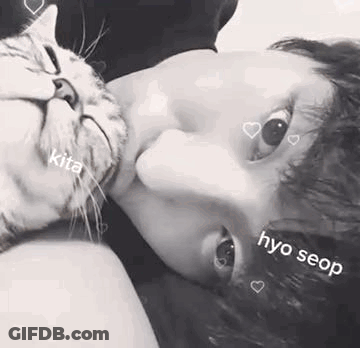 A Black And White Photo Of A Person Laying On A Bed With A Cat Licking Their Face . GIF