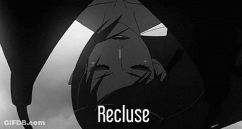 A Black And White Photo Of A Person Laying On Their Back With The Words `` Recluse '' Written Above Them . GIF