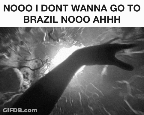 A Black And White Photo Of A Person 'S Hand With The Caption Nooo I Dont Wanna Go To Brazil Nooo GIF