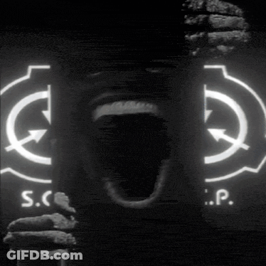 A Black And White Photo Of A Person Screaming In Front Of A S.c.p. Logo GIF