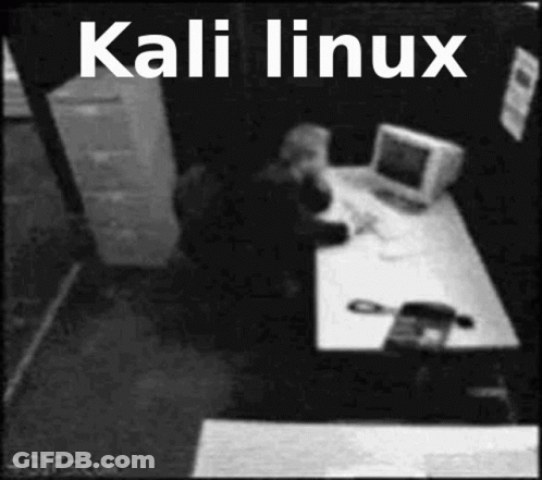 A Black And White Photo Of A Person Sitting At A Desk With A Computer And The Words Kali Linux Above Them GIF