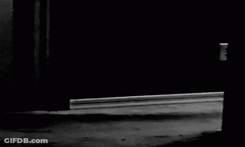 A Black And White Photo Of A Person Standing In A Dark Room . GIF