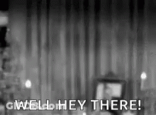 A Black And White Photo Of A Person Standing In Front Of A Curtain With The Words `` Well Hey There '' . GIF