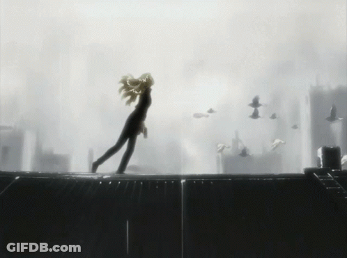 A Black And White Photo Of A Person Standing On A Ledge With Birds Flying In The Background GIF
