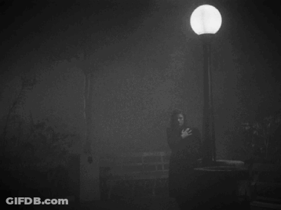 A Black And White Photo Of A Person Standing Under A Street Light . GIF