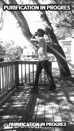 A Black And White Photo Of A Person Standing Under A Tree With The Words Purification In Progress Above Them GIF
