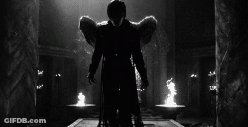 A Black And White Photo Of A Person With Angel Wings . GIF
