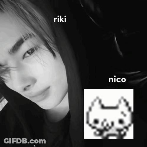 A Black And White Photo Of A Person With Riki And Nico Written On The Bottom GIF