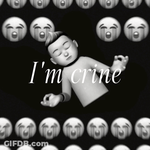 A Black And White Photo Of A Person With The Words " I 'M Crine " Above Them GIF