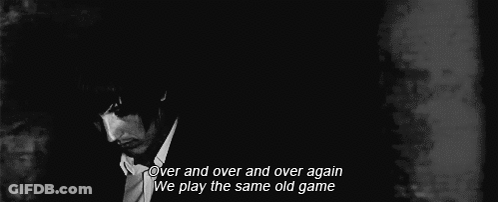 A Black And White Photo Of A Person With The Words Over And Over And Over Again We Play The Same Old Game GIF