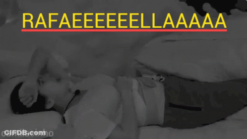 A Black And White Photo Of A Person With The Words Rafaeeeeeellaaaa Written Above Them GIF