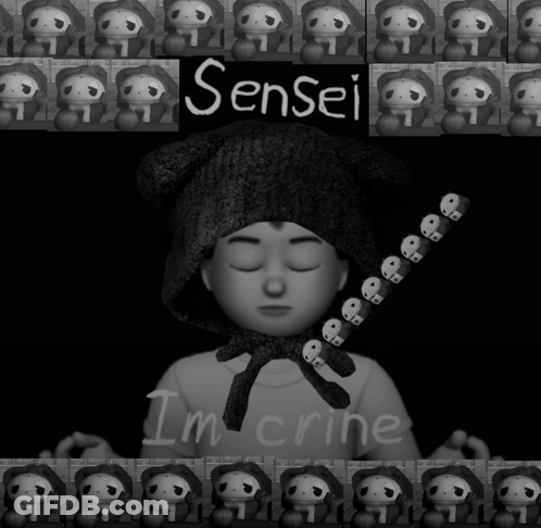 A Black And White Photo Of A Person With The Words Sensei I 'M Crine On It GIF