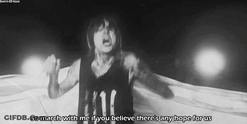 A Black And White Photo Of A Person With The Words So March With Me If You Believe There 'S Any Hope For Us Below Them GIF