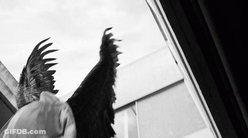 A Black And White Photo Of A Person With Wings Looking Out A Window GIF