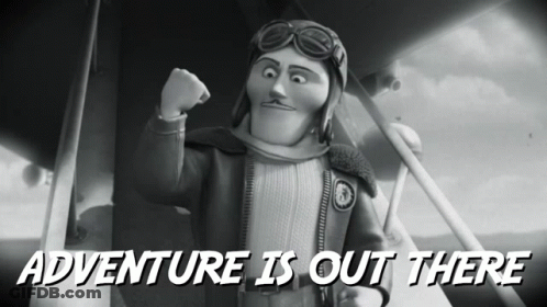 A Black And White Photo Of A Pilot With The Words Adventure Is Out There Below Him GIF
