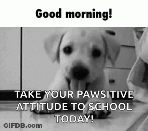 A Black And White Photo Of A Puppy With Its Tongue Out And The Words `` Good Morning ! `` GIF