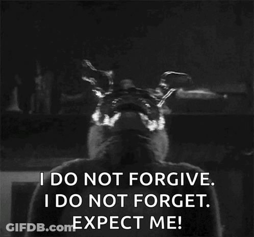 A Black And White Photo Of A Rabbit With The Words " I Do Not Forgive I Do Not Forget Expect Me " On The Bottom GIF