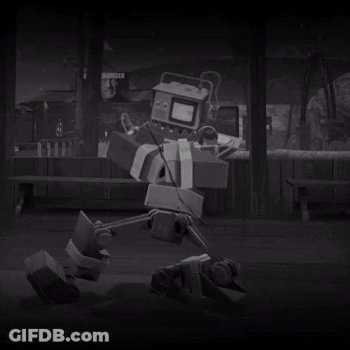 A Black And White Photo Of A Robot With A Burger Sign Behind Him GIF
