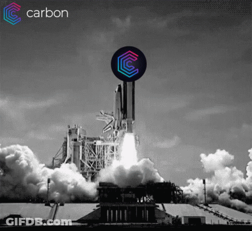 A Black And White Photo Of A Rocket Being Launched With A Carbon Logo In The Foreground GIF