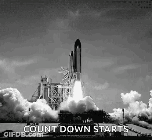 A Black And White Photo Of A Rocket Taking Off With The Words `` Count Down Starts '' Written Below It . GIF