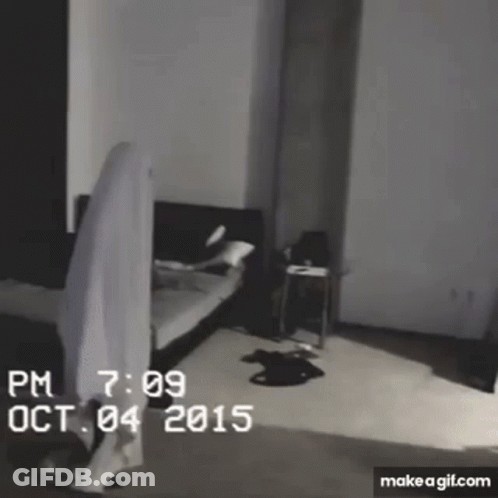 A Black And White Photo Of A Room With A Bed And A Ghost . GIF