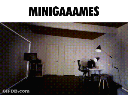 A Black And White Photo Of A Room With The Words Minigaaames On Top GIF