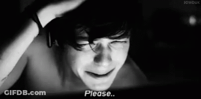 A Black And White Photo Of A Shirtless Man Crying With The Words `` Please '' Written On The Bottom . GIF
