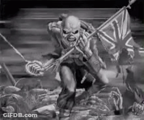 A Black And White Photo Of A Skeleton Holding A British Flag . GIF