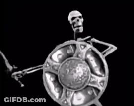 A Black And White Photo Of A Skeleton Holding A Shield And Sword . GIF