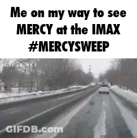 A Black And White Photo Of A Snowy Road With The Words `` Me On My Way To See Mercy At The Imax '' GIF