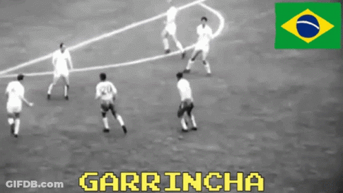 A Black And White Photo Of A Soccer Game With The Word Garrincha In Yellow GIF