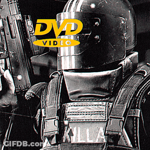 A Black And White Photo Of A Soldier With A Dvd Video Logo Above His Head GIF