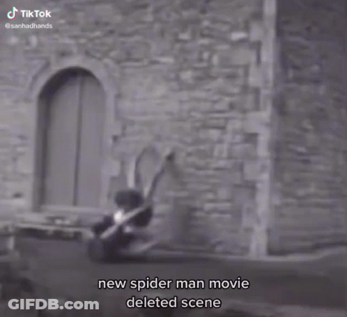 A Black And White Photo Of A Spider Man Movie Scene With The Caption " New Spider Man Movie Deleted Scene " GIF