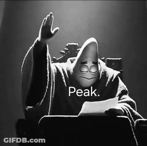 A Black And White Photo Of A Spongebob Character With The Words Peak On The Bottom Right GIF
