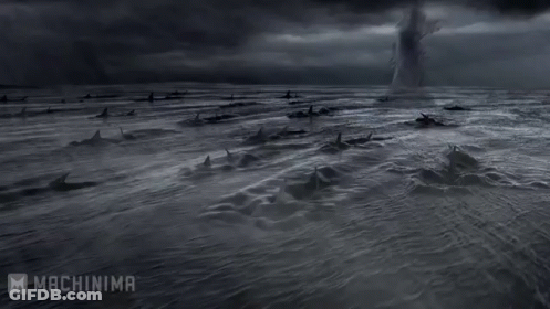 A Black And White Photo Of A Stormy Ocean With A Tornado Coming Out Of It . GIF