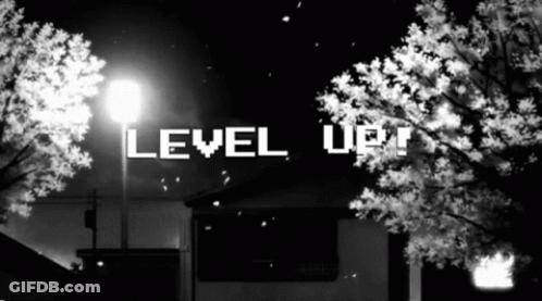 A Black And White Photo Of A Street Light With The Words Level Up On It GIF