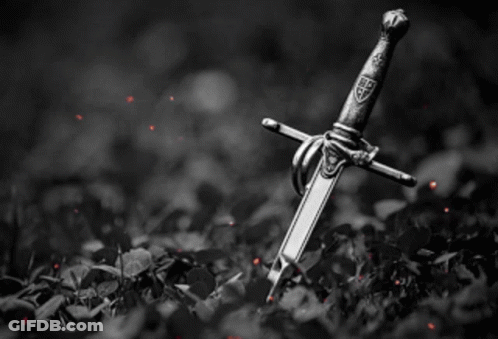 A Black And White Photo Of A Sword With A Shield On The Handle GIF