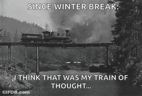 A Black And White Photo Of A Train Crossing A Bridge With The Caption " Since Winter Break I Think That Was My Train Of GIF