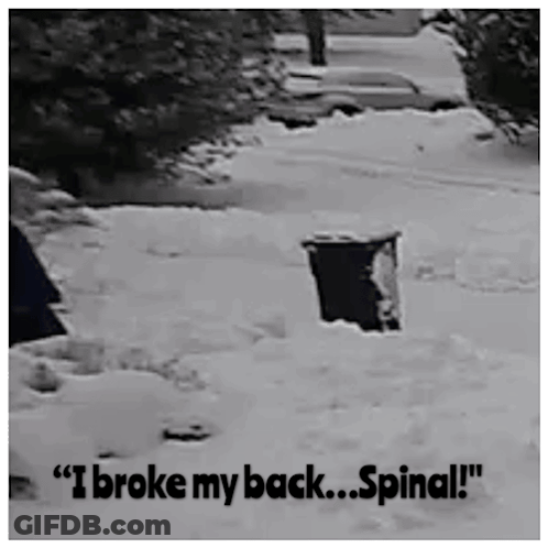 A Black And White Photo Of A Trash Can In The Snow With The Words " I Broke My Back ... Spinal " GIF