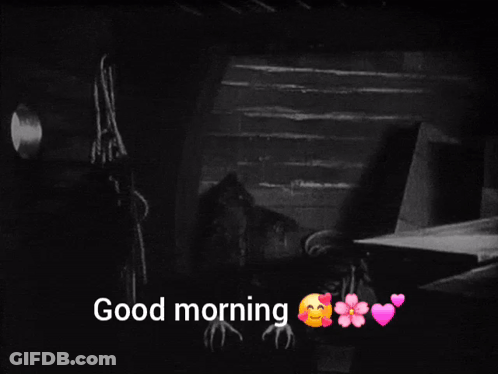 A Black And White Photo Of A Vampire With The Words Good Morning Below Him GIF