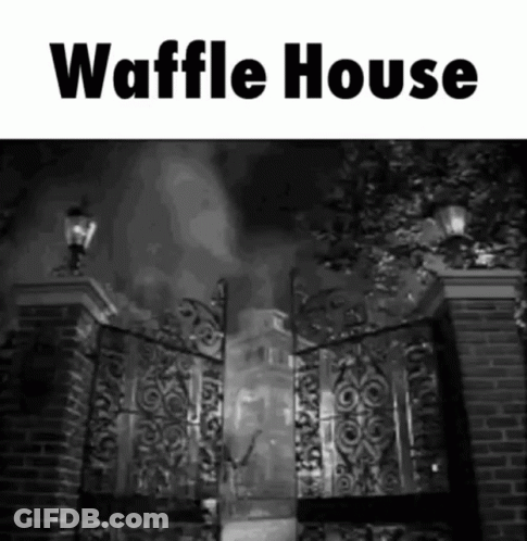 A Black And White Photo Of A Waffle House Gate With Smoke Coming Out Of It GIF