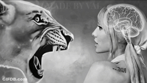 A Black And White Photo Of A Woman And A Lion With The Words Made By Val On The Bottom GIF