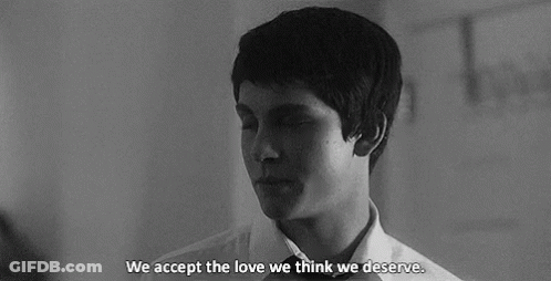 A Black And White Photo Of A Woman Crying With The Words We Accept The Love We Think We Deserve Below Her GIF