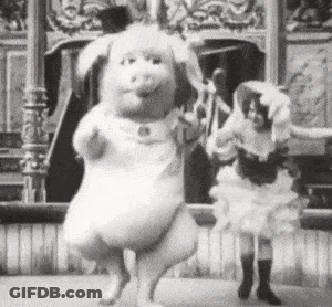 A Black And White Photo Of A Woman Dancing With A Stuffed Animal . GIF