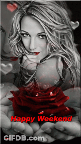 A Black And White Photo Of A Woman Holding A Red Rose With The Words Happy Weekend On The Bottom GIF
