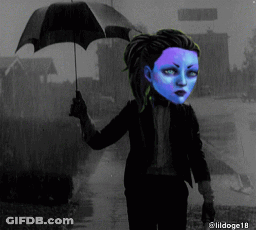 A Black And White Photo Of A Woman Holding An Umbrella With A Blue Face GIF